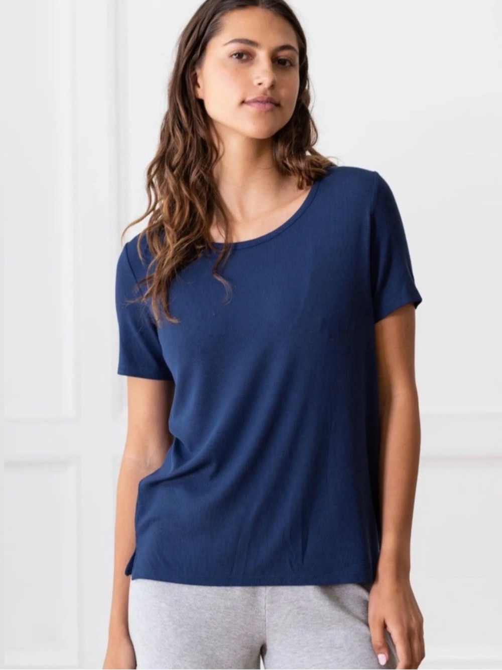 Cozy Earth Bamboo Rib-Knit Short Sleeve Lounge Tee Navy S NWT